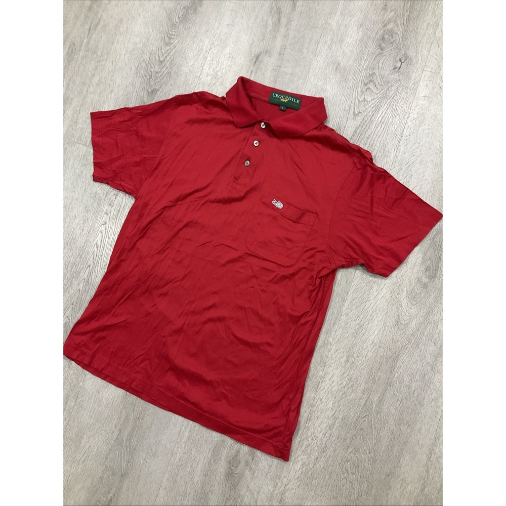 Vintage Crocodile Men's Red Polo Pocket Shirt Cotton Casual Short Sleeve Large